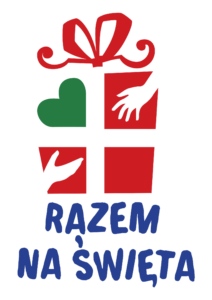 Logo "Razem na święta" przedstawiające prezent złożony z trzech kwadratów z dłońmi wyciągniętymi ku sobie oraz sercem.