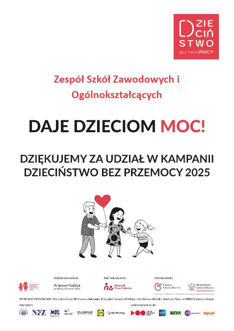 Plakat z treścią "DAJE DZIECIOM MOC - Dziękujemy za udział w kampanii dzieciństwo bez przemocy 2025"